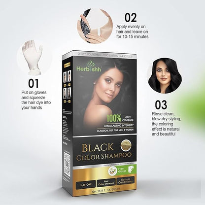 Herbishh Black Hair Dye Shampoo 3 In 1- Color Shampoo For Gray Hair Coverage 500 ML, Argan Oil & Pro Keratin Deep Conditioning Hair Mask 150gm and Ginger Essential Oil Serum For Hair Growth 30ml