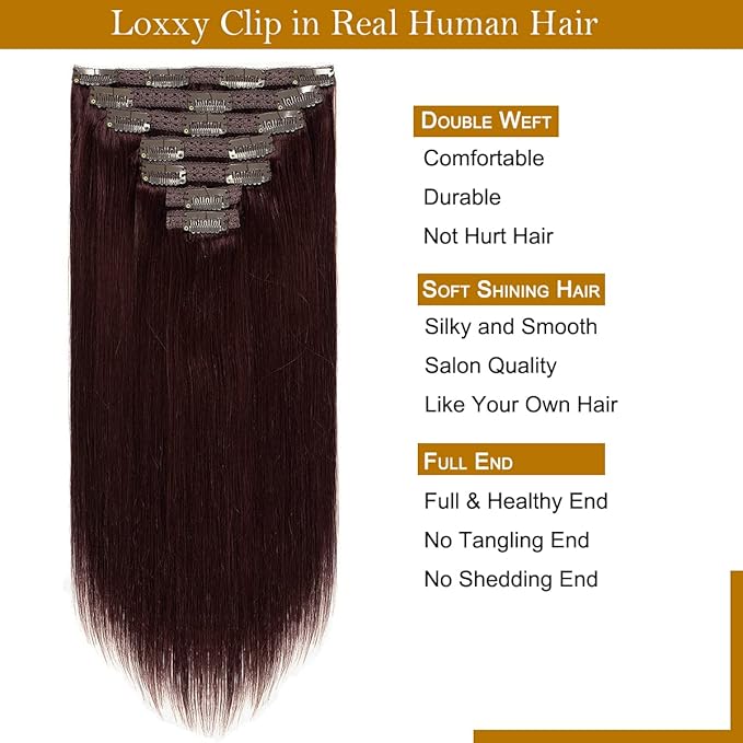 Loxxy Hair Extensions Seamless Clip in Human Hair 9A Grade Brazilian Human Hair Extension Silky Straight Natural Hair Extensions Clip in Full Head Human Hair Red Wine #99J 7pcs 16 Clips 16Inch 120G
