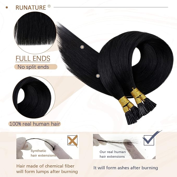 RUNATURE I Tip Hair Extensions Human Hair, Silky Long Hair Extensions I Tip Natural Looking Straight Remy Hair for Women 18inch 50G 60s #1 Jet Black