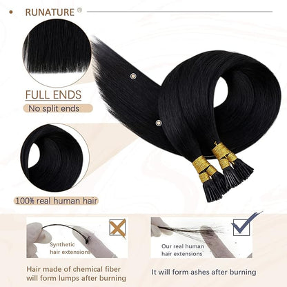 RUNATURE I Tip Hair Extensions Human Hair, Silky Long Hair Extensions I Tip Natural Looking Straight Remy Hair for Women 18inch 50G 60s #1 Jet Black