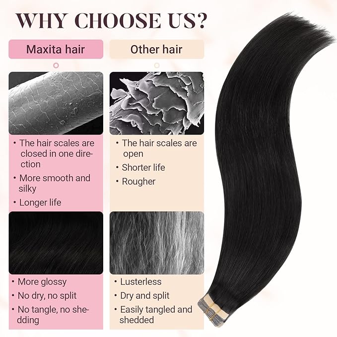 MAXITA Tape in Hair Extensions Human Hair 1B Natural Black 18 Inch 25g 10pcs Thick Ends Remy Seamless Straight Human Hair Extensions Invisible Tape in Extensions Human Hair