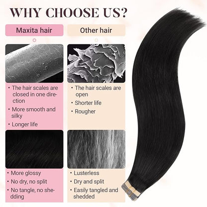 MAXITA Tape in Hair Extensions Human Hair 1B Natural Black 18 Inch 25g 10pcs Thick Ends Remy Seamless Straight Human Hair Extensions Invisible Tape in Extensions Human Hair