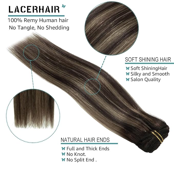 Lacer New Version Thick Hair Extensions Clip in Human Hair Silky Straight Dark Brown to Medium Brown Highlight Dark Brown R#2-2/6 140g 7pcs with 16 Clips per Set 22 Inch