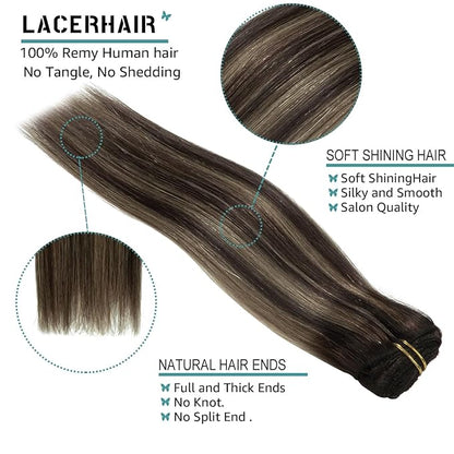 Lacer New Version Thick Hair Extensions Clip in Human Hair Silky Straight Dark Brown to Medium Brown Highlight Dark Brown R#2-2/6 140g 7pcs with 16 Clips per Set 22 Inch