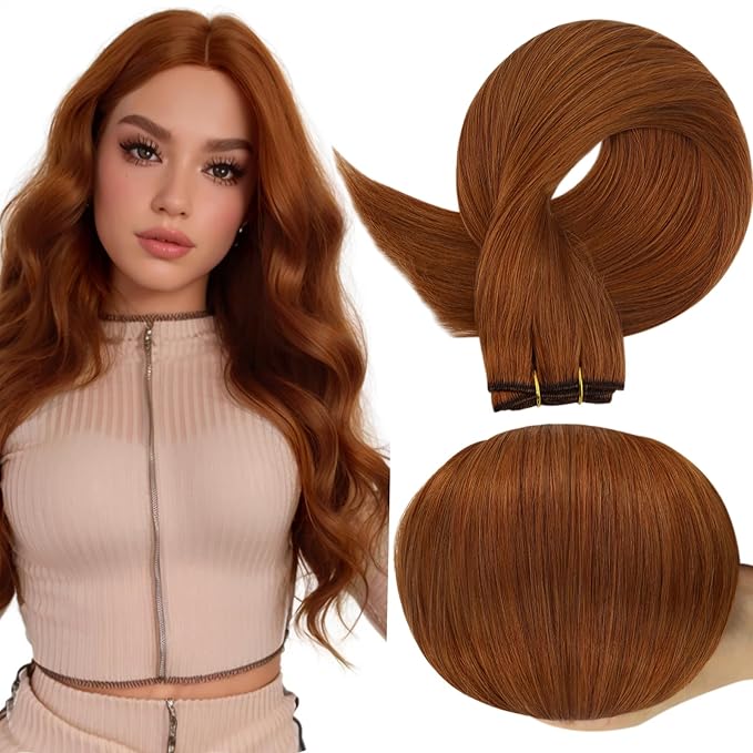 Full Shine Copper Hair Extensions Sew In Hair Extensions Real Human Hair For Women Color Copper Brown Double Weft Extensions Remy Straight Hair Invisible Sew In Extensions 14 Inch 100G