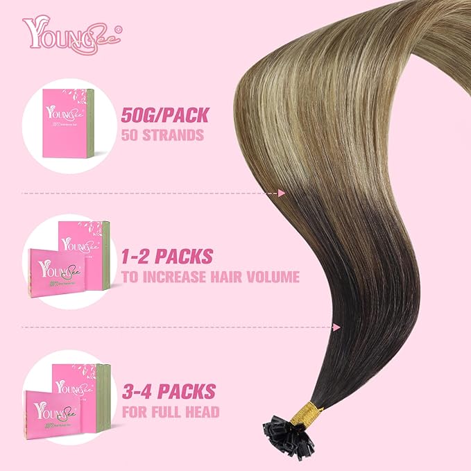 YoungSee K Tip Hair Extensions Real Human Hair Balayage Ktip Extensions Ombre Dark Brown Roots to Blonde K Tips Human Hair Extensions for Long Hair 24Inch 50s/50g Pre Bonded Hair Extensions Add Length