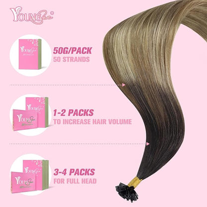 YoungSee K Tip Hair Extensions Real Human Hair Balayage Ktip Extensions Ombre Dark Brown Roots to Blonde K Tips Human Hair Extensions for Long Hair 24Inch 50s/50g Pre Bonded Hair Extensions Add Length
