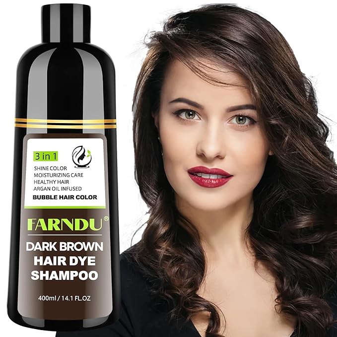 FARNDU Dark Brown Hair Dye Shampoo 3 in 1 with Argan Oil – 10-15 Min Gray Coverage, Natural Instant Hair Color Shampoo for Women and Men, Long-Lasting Up to 6 Months