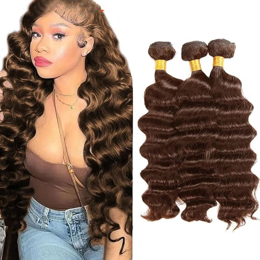 #4 Brown Bundles Human Hair Deep Wave Bundles 26 26 26 Inch Human Hair Weave 3 Bundle Unprocessed Brazilian Virgin Hair Chocolate Brown Deep Curly Human Hair Extensions 50 Grams/Bundle