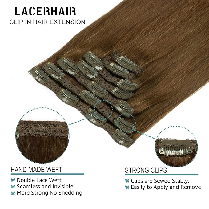 Lacer Hair Extensions Clip In Real Human Hair Extensions 120g 7 Pieces Silky Straight Weft Remy Human Hair Clip in Hair Extensions Chocolate Brown #4 14 Inch