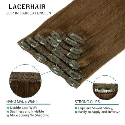 Lacer Hair Extensions Clip In Real Human Hair Extensions 120g 7 Pieces Silky Straight Weft Remy Human Hair Clip in Hair Extensions Chocolate Brown #4 14 Inch