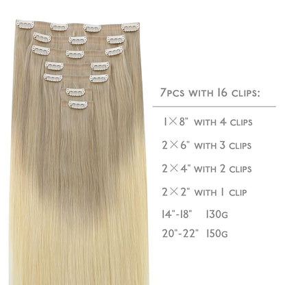 WENNALIFE Seamless Clip In Hair Extensions, 18 Inch 7pcs 130g Ombre Ash Blonde to Golden Blonde Balayage Platinum Blonde Hair Extensions Clip In Invisible PU Weft Real Human Hair Extensions Clip In