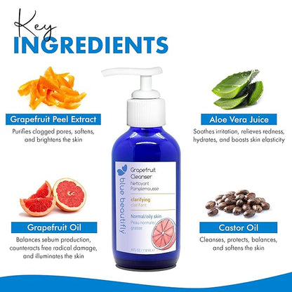 Blue Beautifly Grapefruit Deep Pore Cleanser - Removes Dirt, Pollutants, & Makeup - No Sulfates, SLS, PEGs, Toxins, Synthetics - Plant-based, Hypoallergenic, Dermatologically Tested - 4 fl oz