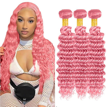 Light Pink Human Hair Bundles Pink Deep Wave Bundle Niegmeag Peruvian Virgin Remy Hair 3 Bundles 22 24 26 Inch Double Weft Hair Weave 300g