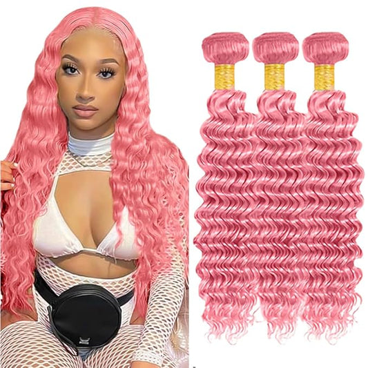 Light Pink Human Hair Bundles Pink Deep Wave Bundle Niegmeag Peruvian Virgin Remy Hair 3 Bundles 22 24 26 Inch Double Weft Hair Weave 300g
