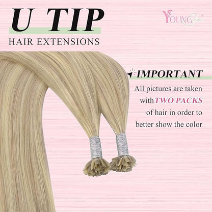 YoungSee U Tip Hair Extensions Human Hair Blonde with Bleach Blonde Highlight Keratin Hair Extensions Highlight U Tips Hair Extensions Real Human Hair Blonde K Tip Human Hair Extensions 18In 1G/S 50G