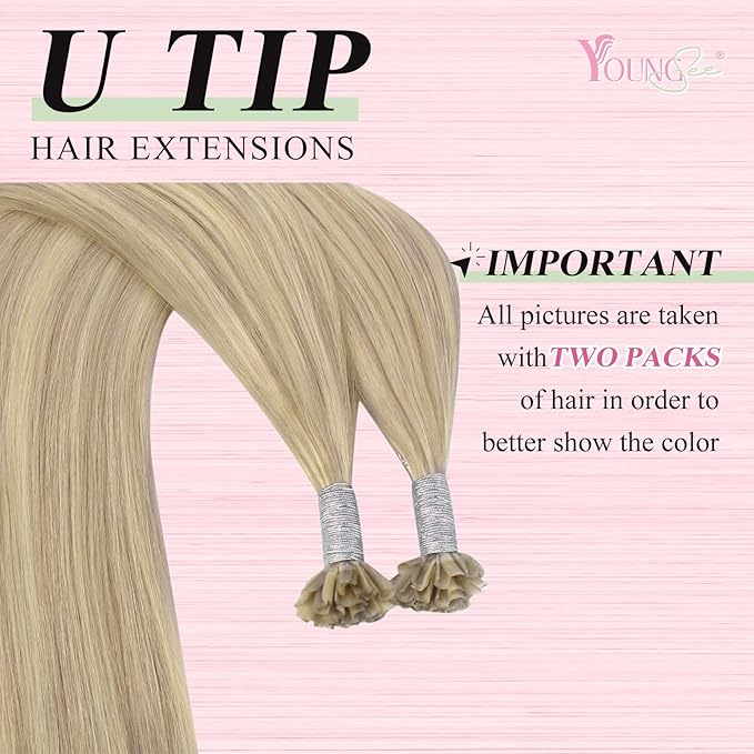 YoungSee U Tip Hair Extensions Highlight Blonde Mixed Bleach Blonde K Tip Hair Extensions Human Hair for Women Highlight Utip Hair Extensions Blonde Pre Bonded Hair Extensions Highlight 14In 1G/S 50G
