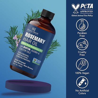 Botanic Hearth 100% Pure Rosemary Oil For Hair (2 Fl Oz) Infused With Biotin, Jojoba & Castor Oil | Hair Strengthening Treatment | Nourishing & Volumizing | Non Gmo Verified