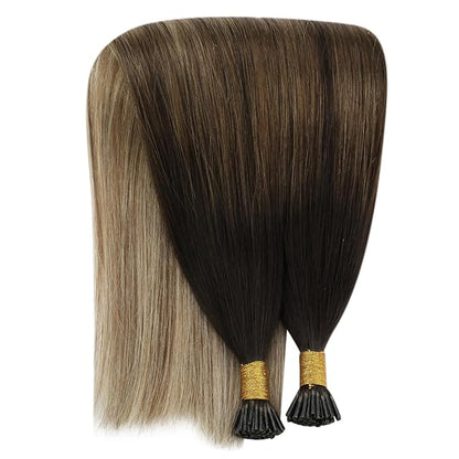 YoungSee I Tips Hair Extensions Balayage Itips Hair Extensions Human Hair Dark Brown Ombre Blonde with Brown Tip Hair Extension for Women Real Hair 16 Inch Pre Bonded Hair Extension for Girl 80s 50g