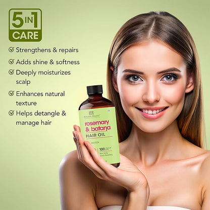 Botanic Hearth Rosemary & Batana Hair Oil with Biotin | 100% Natural Oils | Non-Sticky, Fast Absorbing | Promotes Hair Growth, Nourishment & Shine | 5-in-1 Hair Care | 2 fl oz / 60 ml - Hair Tonic