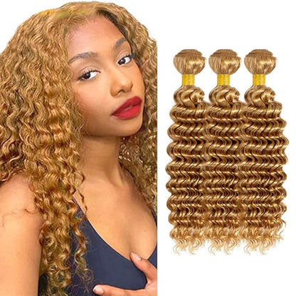 #27 Honey Blonde Bundles Human Hair Deep Wave Bundles 14 16 18 Inch Unprocessed Brazilian Virgin Hair Weave 3 Bundles 50 Grams Per Bundle Blonde Human Hair Extensions For Women