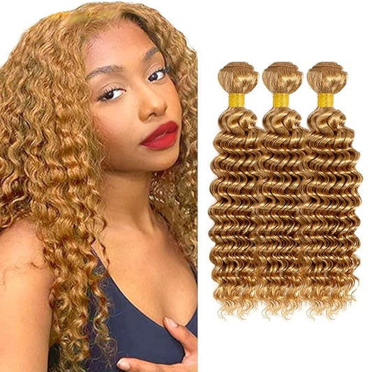 #27 Honey Blonde Bundles Human Hair Deep Wave Bundles 14 16 18 Inch Unprocessed Brazilian Virgin Hair Weave 3 Bundles 50 Grams Per Bundle Blonde Human Hair Extensions For Women