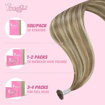 YoungSee K Tip Hair Extensions Ombre Pre Bonded Hair Extensions Light Brown Ombre Blonde Ktip Remy Hair Extensions Balayage K Tips Human Hair Extensions for Women 20in Human Hair K Tip 50s/50g