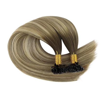 YoungSee K Tip Extensions Human Hair Balayage Brown K Tip Extensions Real Human Hair Dark Brown Ombre Brown Mix Blonde Fusion Hair Extensions Human Hair for Long Hair 22 Inch 50s/50g