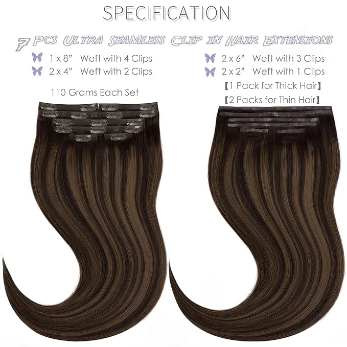 Lacer Clip in Hair Extensions Real Human Hair 16in 7Pcs Seamless Human Hair Clip in Extensions Balayage Natural Black to Chestnut Brown 18 Clips 110 Grams PU Skin Weft For Women