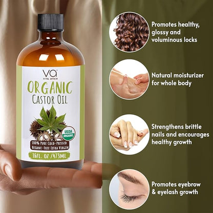 Pure Castor Oil Organic Cold Pressed Unrefined Glass Bottle-USDA Certified for Castor Oil Pack Wrap for Face,Hair Growth,Eyelashes,Eyebrows-16oz