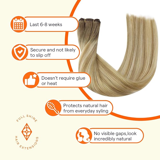 Full Shine Hair Extensions Sew In Weft Hair Extensions Human Hair Sew In Extensions Balayage Color Brown To Honey Blonde Mix Platinum Blonde Hair Weft 100G 14 Inch