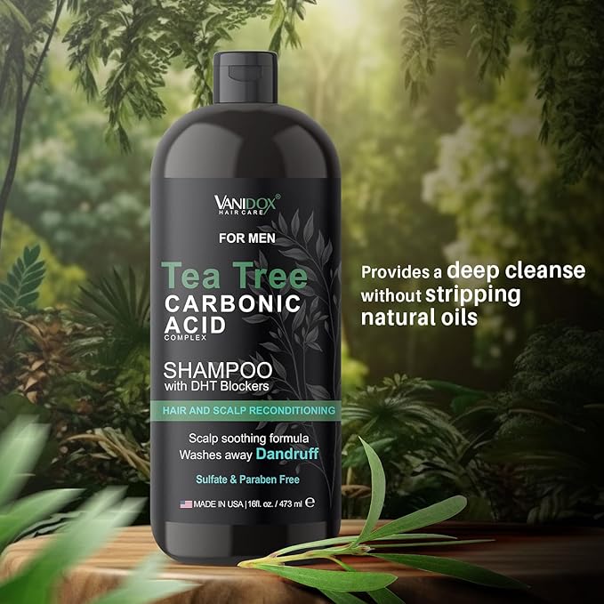Tea Tree Shampoo with Organic Tea Tree Oil and Carbonic Acid - For Men's Itchy and Dry Scalp, Fights Hair Loss, Stimulates Growth - With DHT Blockers (16 FL Oz)