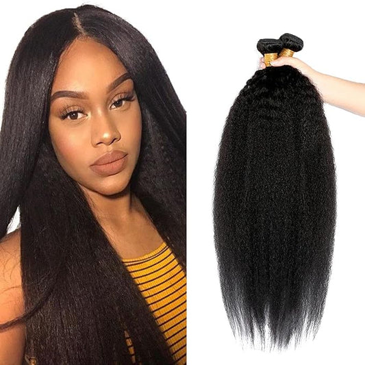 #1B Human Hair Bundles Yaki Straight Bundles 22 24 Inch 2 Bundles Unprocessed Brazilian Virgin Hair Weave 50 Grams Per Bundle kinky Straight Bundle Human Hair Extensions Natural Color