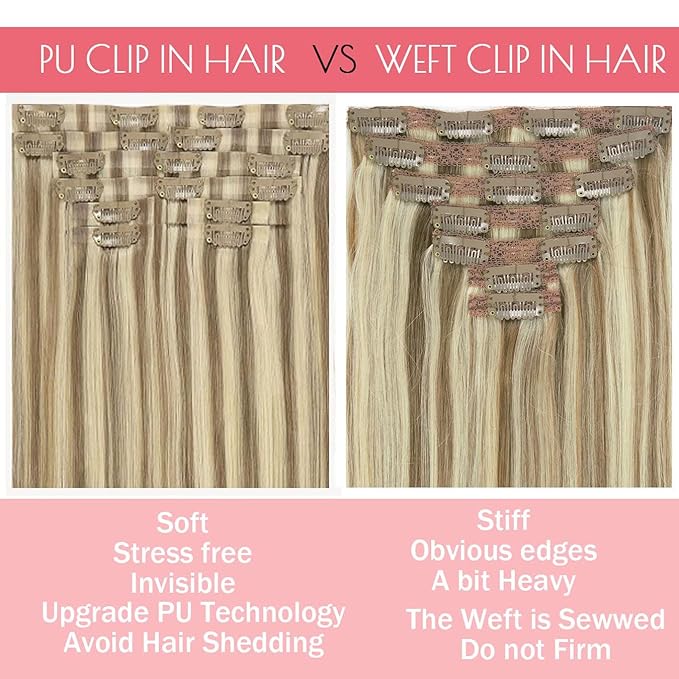 Loxxy Real Hair Extensions Clip in Human Hair 16Inch 130G Light Brown Mixed With Platinum Blonde Invisible Seamless Clip in Hair Extensions Remy Human Hair 7Pcs Silky Straight For Women