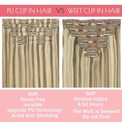 Loxxy Real Hair Extensions Clip in Human Hair 16Inch 130G Light Brown Mixed With Platinum Blonde Invisible Seamless Clip in Hair Extensions Remy Human Hair 7Pcs Silky Straight For Women