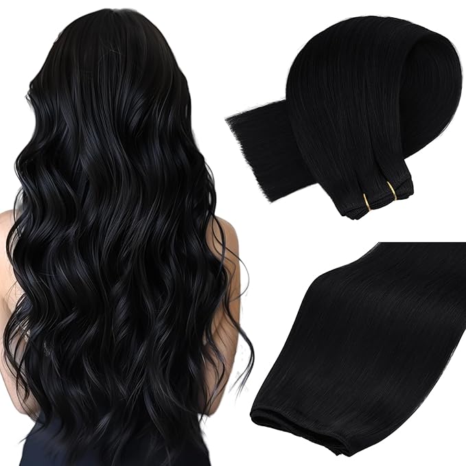 MAXITA Sew in Human Hair Extensions Jet Black Weft Hair Extensions Real Human Hair 100g 18 inch Silky Stright Double Weft Black Hair Weft Extensions Sew in Extensions