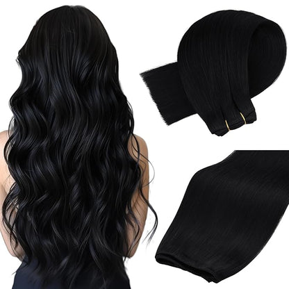 MAXITA Sew in Human Hair Extensions Jet Black Weft Hair Extensions Real Human Hair 100g 18 inch Silky Stright Double Weft Black Hair Weft Extensions Sew in Extensions