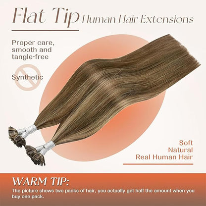 Sunny Hair Flat Tip Hair Extensions Human Hair Dark Brown with Caramel Blonde K Tip Hair Extensions Real Human Hair 14inch Ktip Human Hair Extensions Invisible 50g
