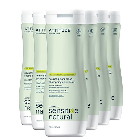 ATTITUDE Hair Shampoo for Sensitive Dry Scalp, EWG Verified, Soothing Oat, Dry and Damaged Hair, Naturally Derived Ingredients, Vegan and Plant-Based, Nourishing, Avocado Oil, 16 Fl Oz (Pack of 6)