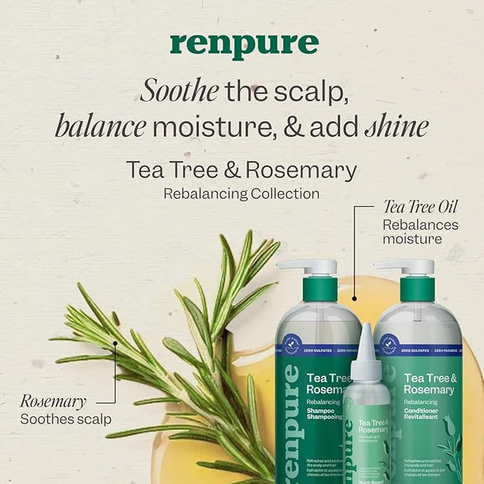 Renpure Tea Tree & Rosemary Shampoo & Conditioner Set, Plant Based - Refreshes & Rebalances Hair and Scalp - For Oily/Normal Hair - Tea Tree Leaf Oil, Rosemary Leaf Extract - 24 Fl Oz each, 2 Pack