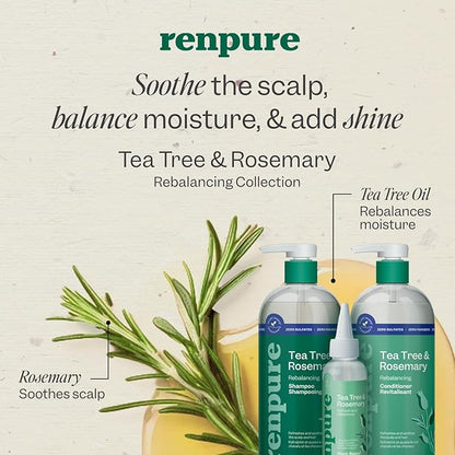 Renpure Tea Tree & Rosemary Shampoo & Conditioner Set, Plant Based - Refreshes & Rebalances Hair and Scalp - For Oily/Normal Hair - Tea Tree Leaf Oil, Rosemary Leaf Extract - 24 Fl Oz each, 2 Pack