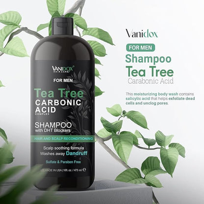 Tea Tree Shampoo with Organic Tea Tree Oil and Carbonic Acid - For Men's Itchy and Dry Scalp, Fights Hair Loss, Stimulates Growth - With DHT Blockers (16 FL Oz)