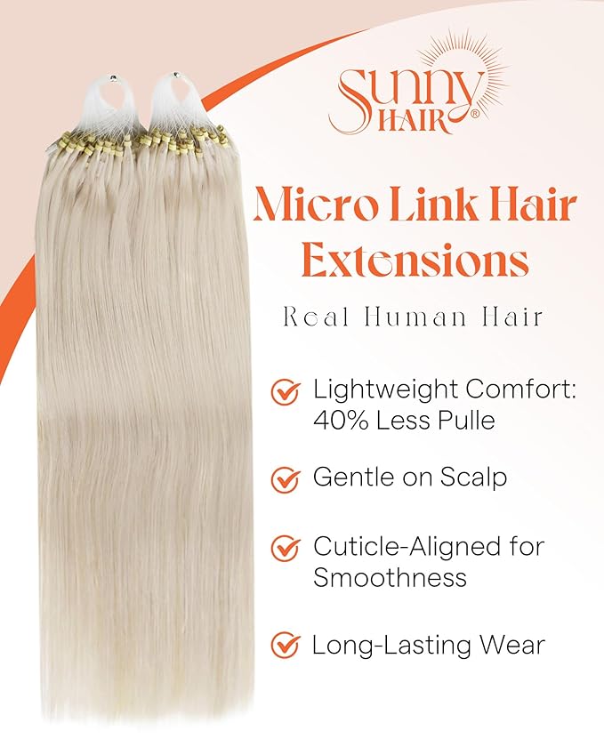Sunny Hair Micro Link Hair Extensions Human Hair Platinum Blonde Micro Loop Hair Extensions Real Human Hair Natural-looking Micro Beads Hair Extensions Sun-Kissed Glow 16inch 50g