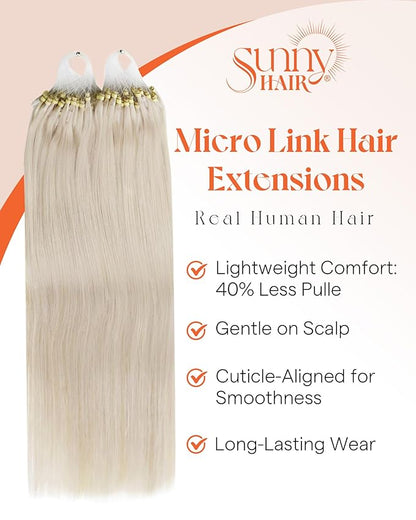 Sunny Hair Micro Link Hair Extensions Human Hair Platinum Blonde Micro Loop Hair Extensions Real Human Hair Natural-looking Micro Beads Hair Extensions Sun-Kissed Glow 16inch 50g
