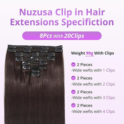 Clip in Hair Extensions Real Human Hair,100% Seamless Invisible Remy Human Hair Silky Straight,Clip Extensions for Women, 8pcs Per Set with Double Weft,2 Dark Brown,16inch 90g/3.2oz