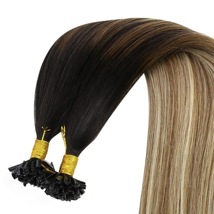 YoungSee U Tip Hair Extensions Human Hair Balayage Keratin Hair Extensions U Tip Ombre Dark Brown to Brown with Blonde K Tips Hair Extensions Silky 18In Balayage Utip Remy Hair Extensions 1g/s 50g