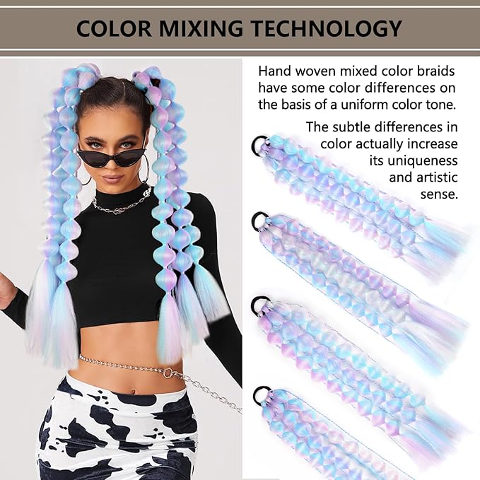 2 Pcs 22 Inch Lightweight Bubble Ponytail Extensions, Fiber Mix Four Silky Colorful Braids with Hair Tie, Crazy Hair Day, Festival Rave Accessories for Girls (Pink/Blue/Purple/Light Cyan#)
