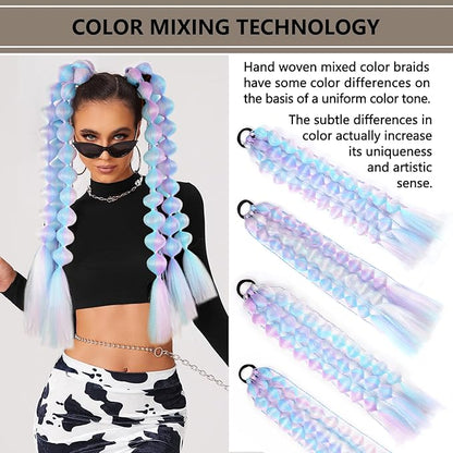 2 Pcs 22 Inch Lightweight Bubble Ponytail Extensions, Fiber Mix Four Silky Colorful Braids with Hair Tie, Crazy Hair Day, Festival Rave Accessories for Girls (Pink/Blue/Purple/Light Cyan#)