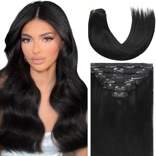 Caliee 16Inch Hair Extensions Clip in Human Hair Silky Straight Hair Invisible Double Weft for Women Full Head Seamless Hair Extensions Clip in 120G Color 1 Jet Black