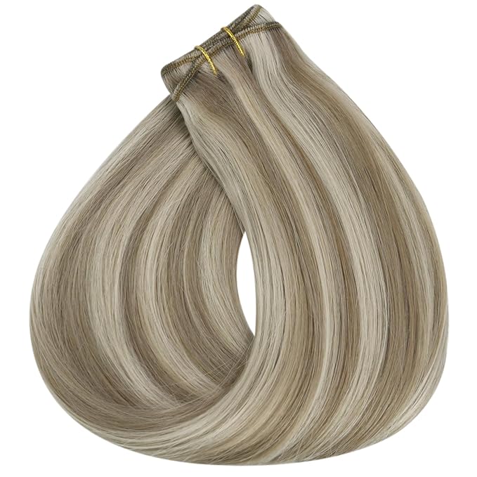 Full Shine Sew In Hair Extensions Real Human Hair Weft Hair Extensions Remy Straight Hair Weft Extensions Color Ash Brown Highlight Blonde Machine Tied Weft Extensions 12 Inch 80G